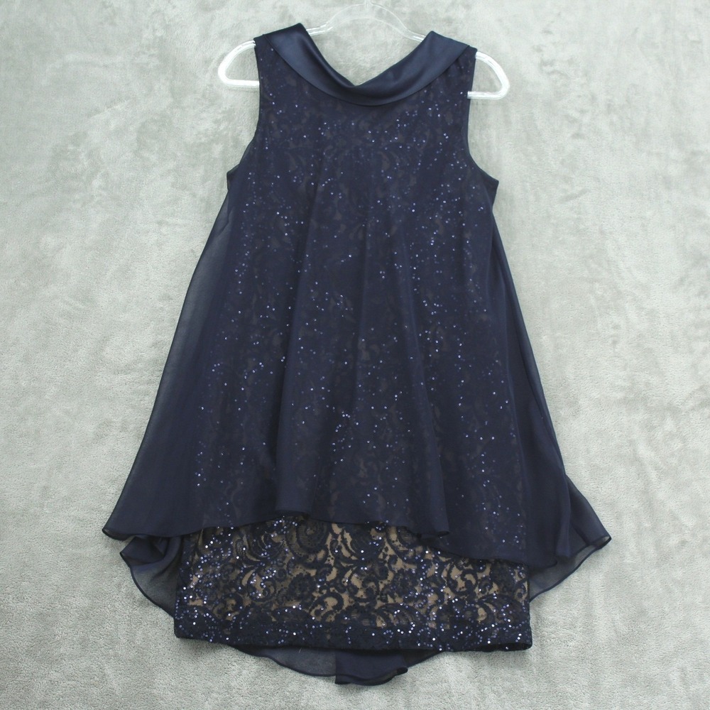 SLNY Dress Womens 12 Navy Sequin Lace Chiffon Overlay Wedding Party Cocktail